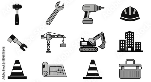 Construction Tools and Equipment Icons Set 3.