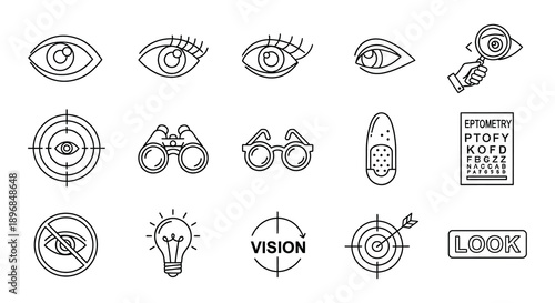 Line art icons depicting various elements of vision and optometry