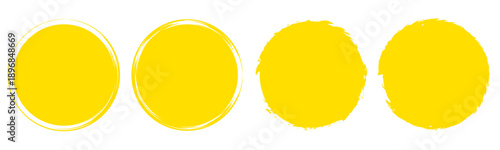 Brush sun rough vector illustration. Set of yellow round brush circles on white background. Circle round textured shapes. Round dry gritty element. Vector Eps10