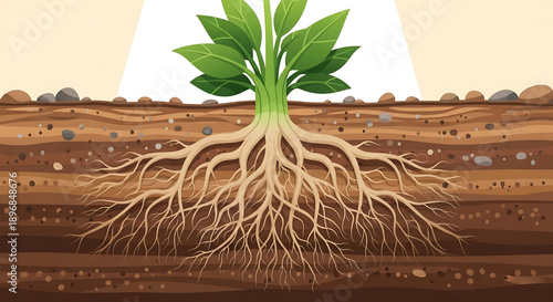 An illustration of a plant with a healthy root system growing underground with soil layers visible