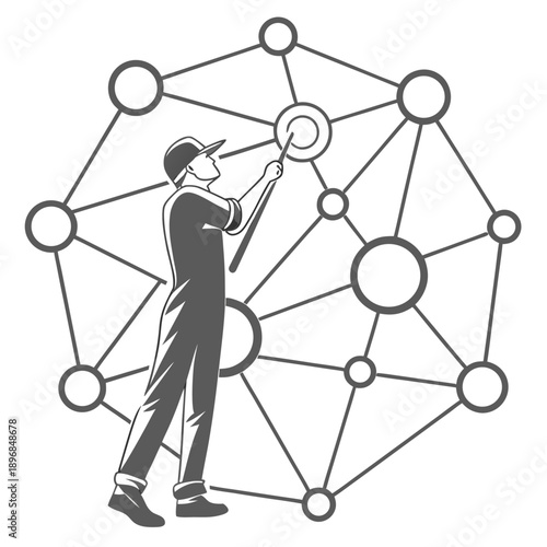 A man interacts with a futuristic AI brain made of circuits in a technological network environment viewed from the side