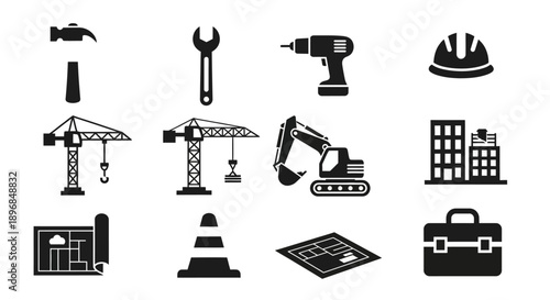 Construction Tools and Equipment Icons Set 7.