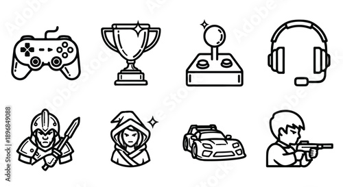 Gaming and esports icon set featuring trophy, joystick, wizard character, and race car in line art style
