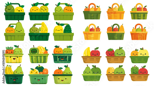 Cute green shopping baskets filled with fruits and groceries. Friendly food characters ideal for organic markets eco themes and healthy lifestyle illustrations.