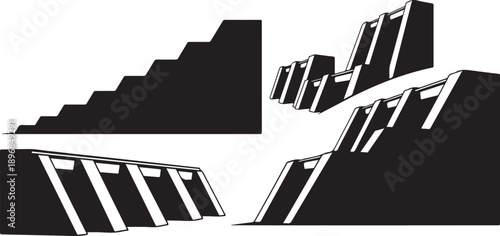 Black and white illustration of broken staircase steps falling apart