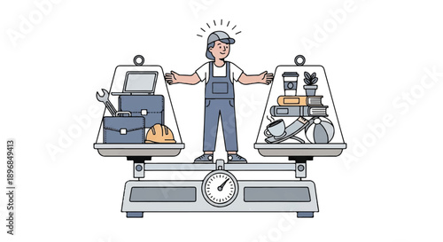 Work life balance concept showing a worker balancing office tools and home equipment on a scale