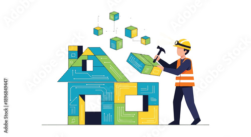 Construction worker building digital smart home with modular blocks and hammer, futuristic architecture concept