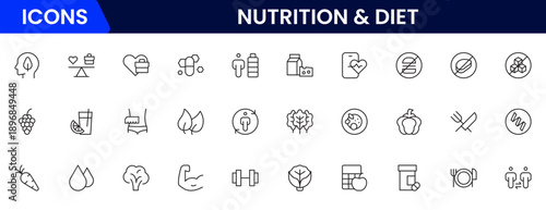 Nutrition and Diet, Healthy Food, and Detox Diet Vector Icons. Contains such Icons as Metabolism, Caunt Calories, Palm oil free, Zero trans fat, Probiotics, and more