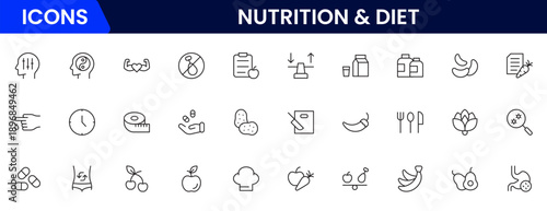 Nutrition and Diet, Healthy Food, and Detox Diet Vector Icons. Contains such Icons as Metabolism, Caunt Calories, Palm oil free, Zero trans fat, Probiotics, and more