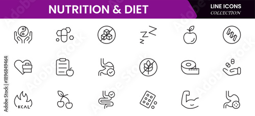 Nutrition and Diet, Healthy Food, and Detox Diet Vector Icons. Contains such Icons as Metabolism, Caunt Calories, Palm oil free, Zero trans fat, Probiotics, and more