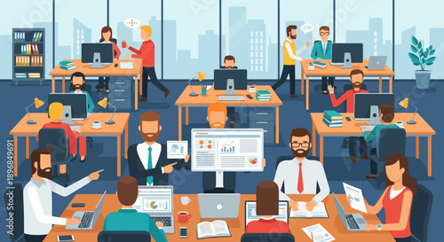 Diverse team of professionals working together in a modern office environment.