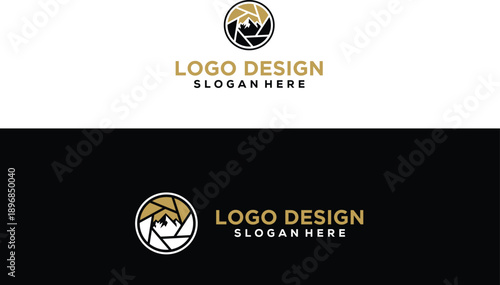 ICONS Camera lens aperture logo design professional photography symbol with golden accents ideal for creative businesses and visual branding