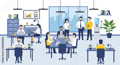 Diverse team collaborating in a modern office environment during a meeting.