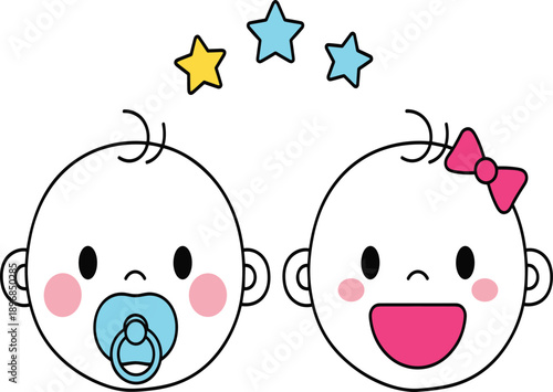 Adorable cartoon baby boy and girl faces with cute expressions, ideal for baby-themed designs, gender reveal, nursery decor, and children’s content.