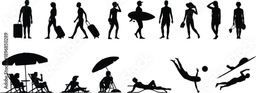 Black beach silhouettes set with people traveling with luggage, surfing, sunbathing under umbrellas, swimming, and playing sports on white background