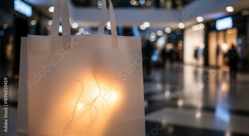 White shopping bag with glowing gift inside held in a busy shopping mall with blurred background and soft lighting