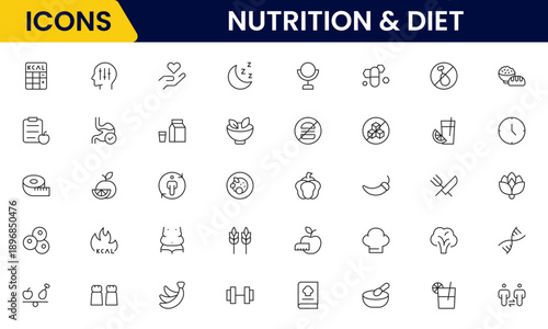 Nutrition and Diet, Healthy Food, and Detox Diet Vector Icons. Contains such Icons as Metabolism, Caunt Calories, Palm oil free, Zero trans fat, Probiotics, and more