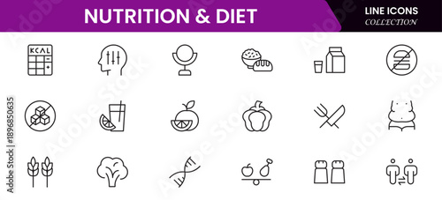 Nutrition and Diet, Healthy Food, and Detox Diet Vector Icons. Contains such Icons as Metabolism, Caunt Calories, Palm oil free, Zero trans fat, Probiotics, and more
