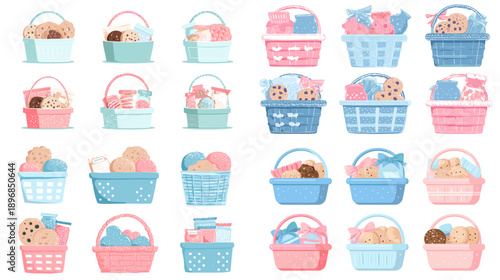 Pastel illustration collection of shopping baskets with groceries ideal for supermarket branding packaging ecommerce apps and soft modern retail design themes