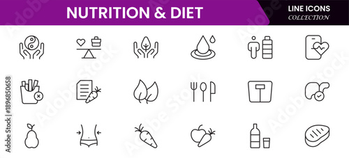 Nutrition and Diet, Healthy Food, and Detox Diet Vector Icons. Contains such Icons as Metabolism, Caunt Calories, Palm oil free, Zero trans fat, Probiotics, and more