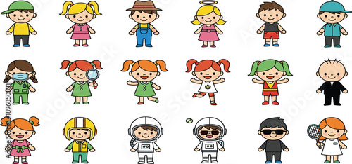 Cartoon children in diverse outfits representing professions, hobbies, and personalities. Colorful character set ideal for educational, playful, or identity-themed creative projects.