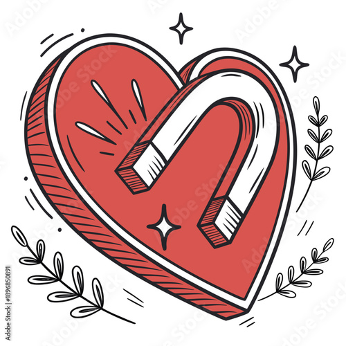 Magnetic heart attracting love and connection in a charming doodle style illustration