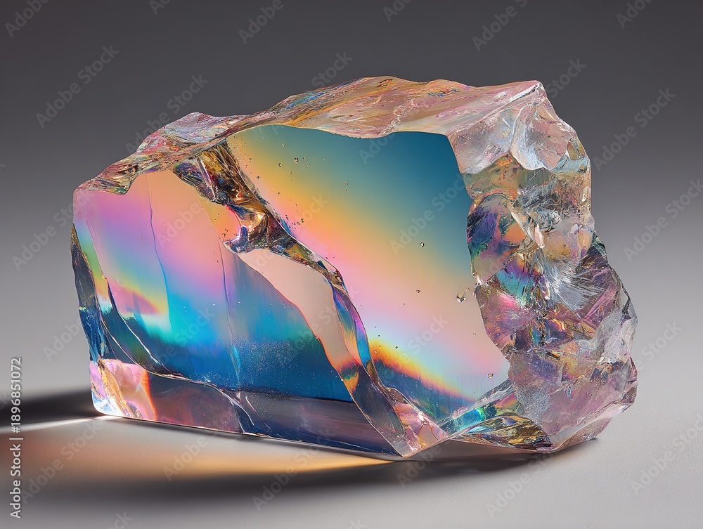 Fototapeta premium This abstract glass sculpture, made of solid, transparent glass, is filled with delicate cracks and suspended bubbles, refracting exquisite rainbow-like patterns under soft, pastel-colored light.