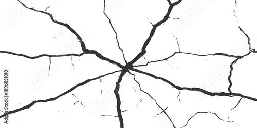 A closeup of a cracked concrete surface reveals a rough grunge texture with an abstract pattern of a hole in the stone wall and a broken gap in the dirty cement ground