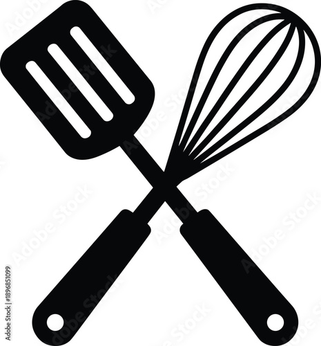 Black minimalist crossed spatula and whisk kitchen utensils icon isolated on white background for cooking baking restaurant and culinary design