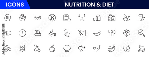 Nutrition and Diet, Healthy Food, and Detox Diet Vector Icons. Contains such Icons as Metabolism, Caunt Calories, Palm oil free, Zero trans fat, Probiotics, and more