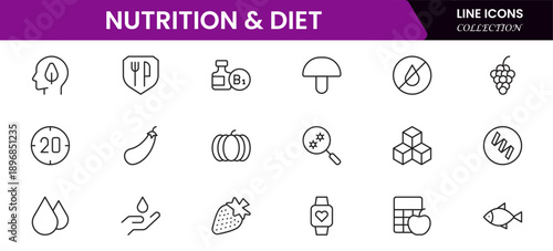 Nutrition and Diet, Healthy Food, and Detox Diet Vector Icons. Contains such Icons as Metabolism, Caunt Calories, Palm oil free, Zero trans fat, Probiotics, and more