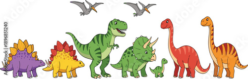 Cartoon dinosaurs in playful colors and styles, featuring Stegosaurus, T-Rex, Triceratops, Brachiosaurus, and Pterodactyls. Fun educational illustration for kids and learning projects.