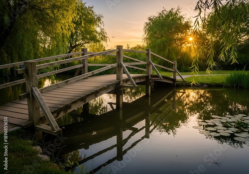 Scenic view of a wooden bridge over a calm river at picturesque sunset