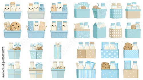 Pastel illustration set of shopping baskets with groceries ideal for supermarket branding packaging apps healthy lifestyle graphics and soft retail design themes
