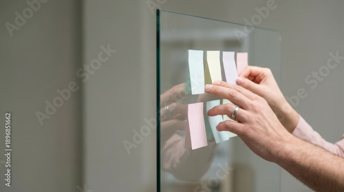 Wallpaper Mural Connectioneering Hands arranging pastel sticky notes on a mirror for planning and reminders Torontodigital.ca