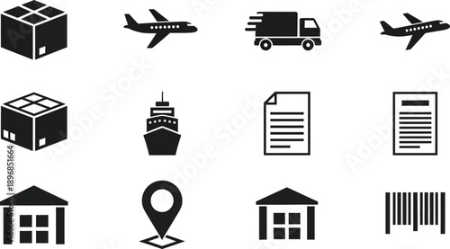 Black and white logistics including shipping boxes airplanes trucks ships and documents package