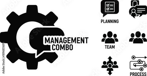 Black and white management with gear and speech bubbles business planning team