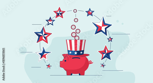 Modern patriotic Presidents Day sale banner with piggy bank in red white blue stars and stripes, vector illustration for american national holiday promotion