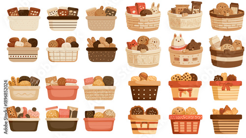 Illustration set of bakery baskets filled with bread and pastries ideal for food branding bakery menus market displays and warm rustic design projects