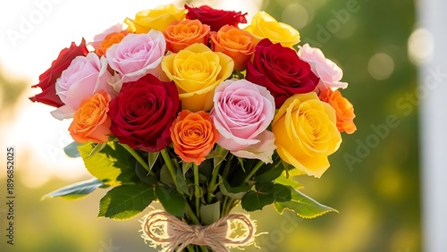 A vibrant bouquet featuring an assortment of multicolored roses tied with a rustic jute bow against a soft green and golden bokeh background