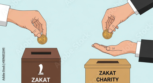 Hands dropping coins into zakat and charity boxes illustration.
