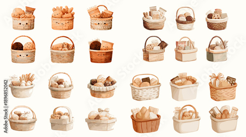 Watercolor illustration collection of woven picnic baskets in neutral tones ideal for rustic design food storage lifestyle branding and natural themed graphics