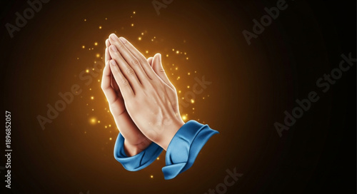 Hands clasped together in prayer with glowing particles.