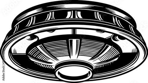 A black and white illustration of a ceiling light fixture viewed from below in a modern interior setting