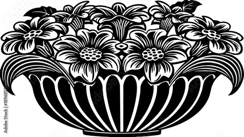 A black and white illustration of a decorative bowl filled with various flowers and leaves viewed from the front