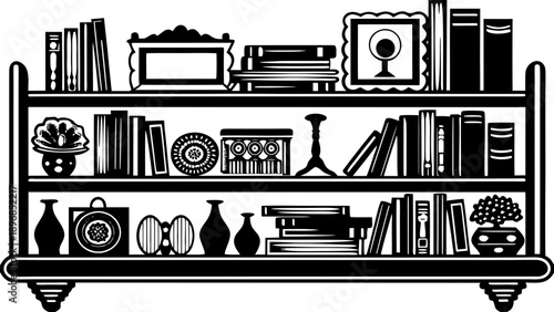 A black and white illustration of a bookshelf with various decorative items and books from a front viewpoint.