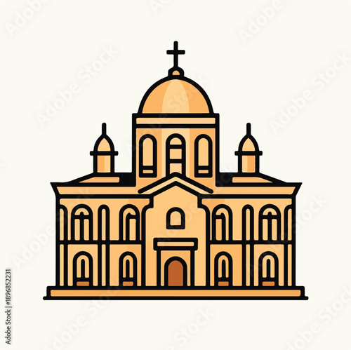 Wallpaper Mural Cathedral Cartoon Line Art – Black-and-White Illustration with Central Dome, Cross, Towers, Arched Windows, and Symmetrical Religious Architecture Torontodigital.ca