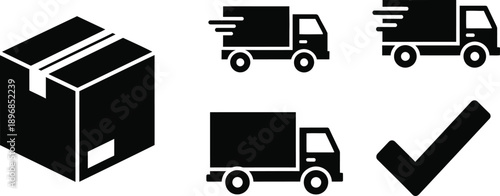 Black and white of delivery truck and box with checkmark package shipping