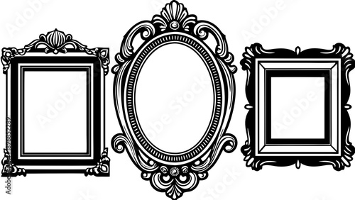 Ornate picture frames in varying shapes and sizes displayed together in a line