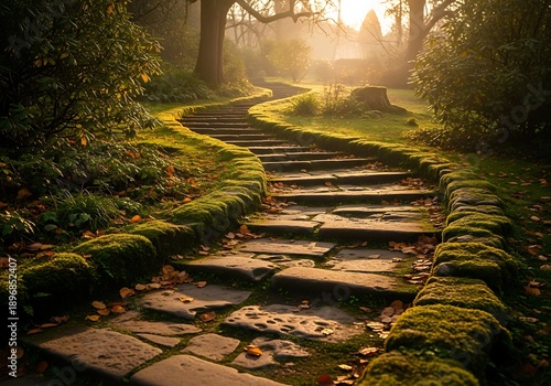 Sunlit stone steps amidst mossy embankments through a tranquil forest